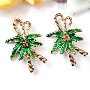 Vintage Womens Pair of Candy Cane Brooches Holly Holiday Christmas Gold-Tone